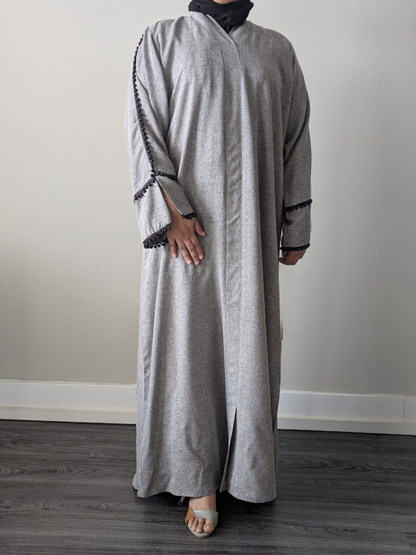 Gray Linen Pearl Border Abaya