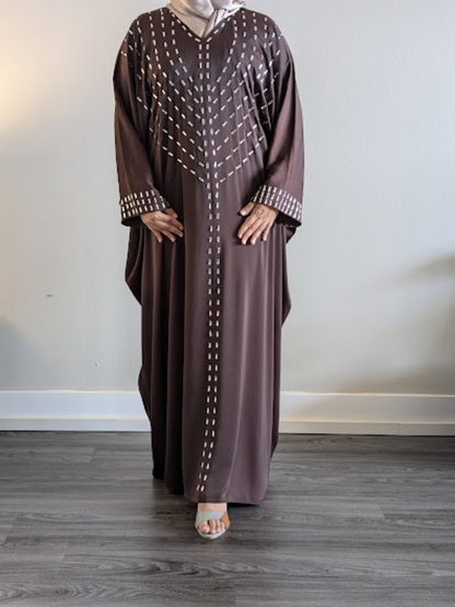 Coffee brown Bat Abaya with White Crystal