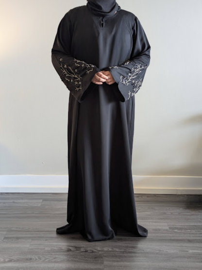 Oxidized Floral Style Bead Work Black Abaya