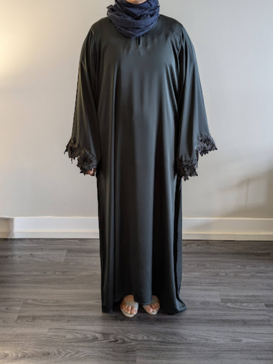 Emerald Green Fabric Abaya with Black Floral Sleeves