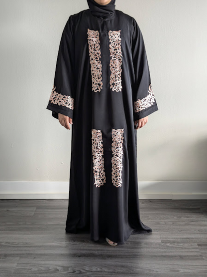 Peach on Black Flat Embroidery Premium Nida Abaya