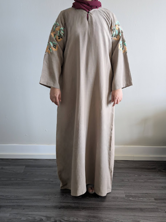 Linen Abaya with Embroidery and Pearl Work on Back and Sleeves