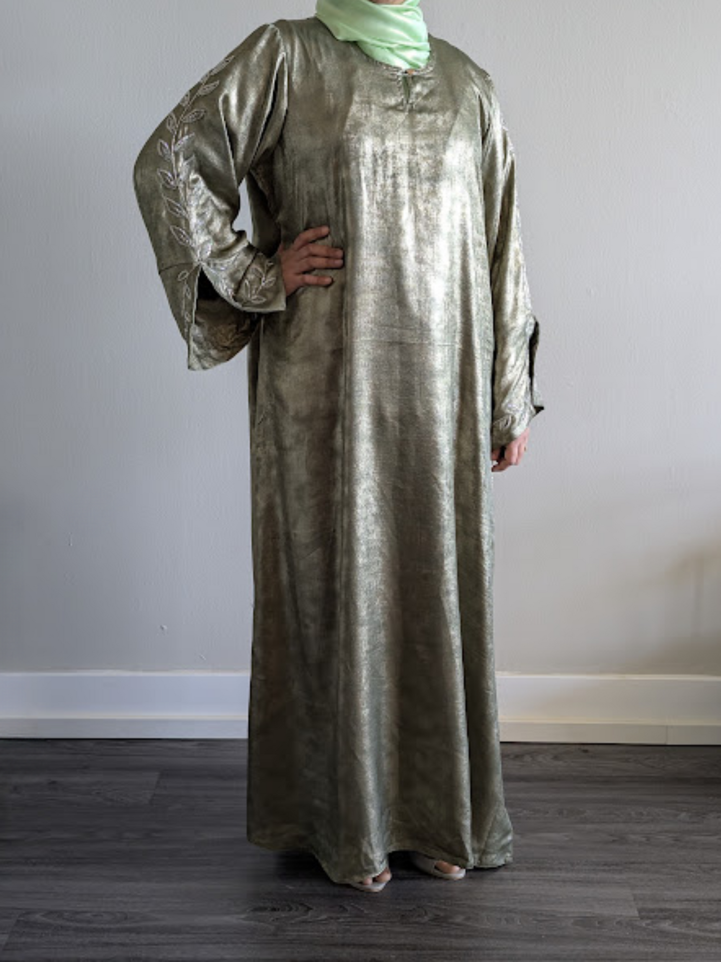 Premium Metallic Green Luxury Abaya with Pearl Work