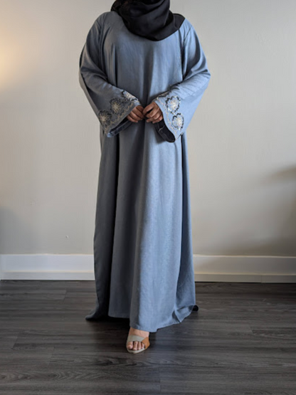 Denim Color Linen Abaya with Pearl Work