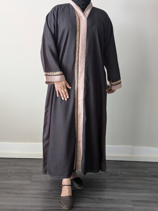 Two Tone Linen Embroidery Collar Abaya