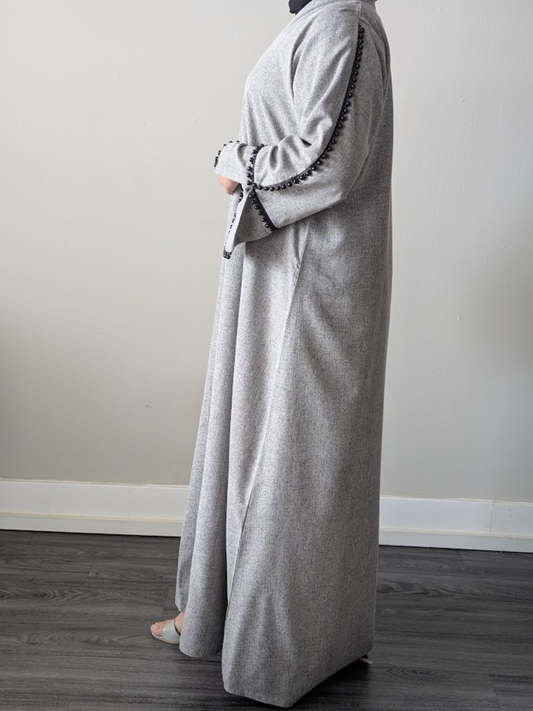 Gray Linen Pearl Border Abaya