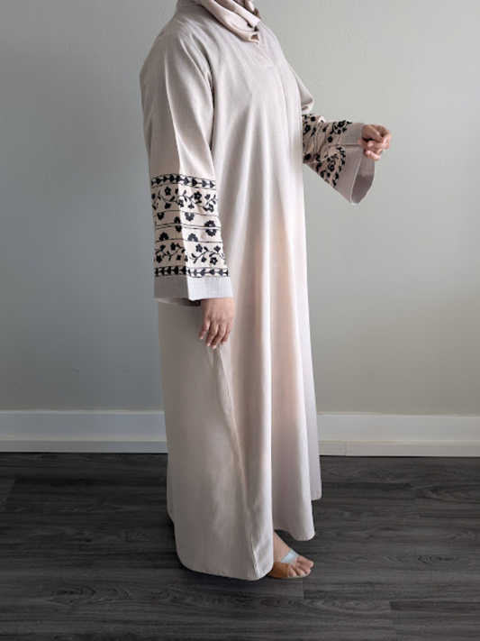 Linen Collar Abaya with Black Embroidery