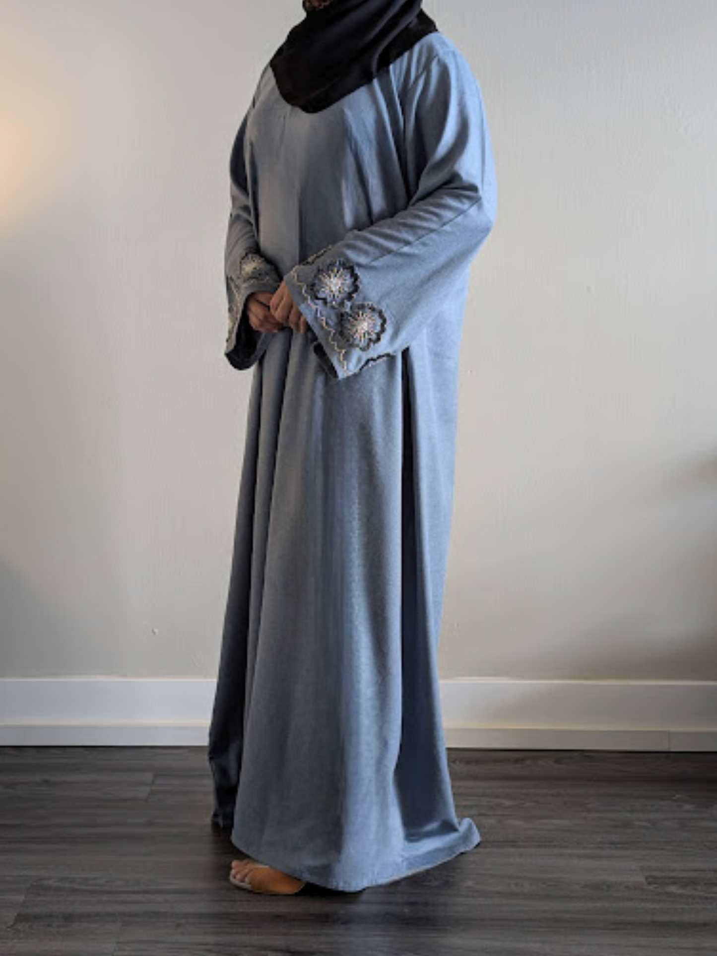 Denim Color Linen Abaya with Pearl Work