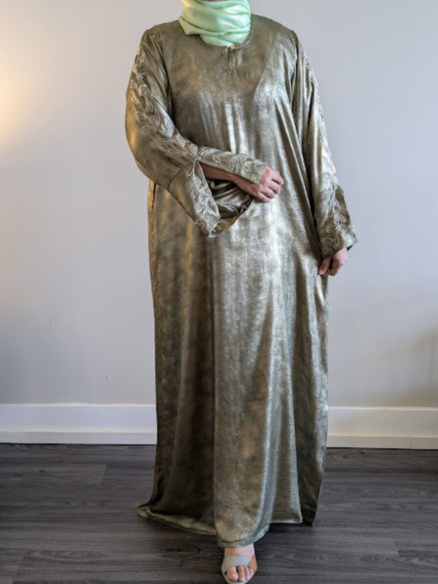 Premium Metallic Green Luxury Abaya with Pearl Work