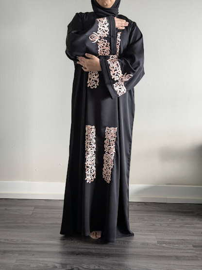 Peach on Black Flat Embroidery Premium Nida Abaya