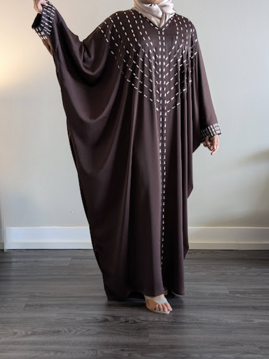 Coffee brown Bat Abaya with White Crystal