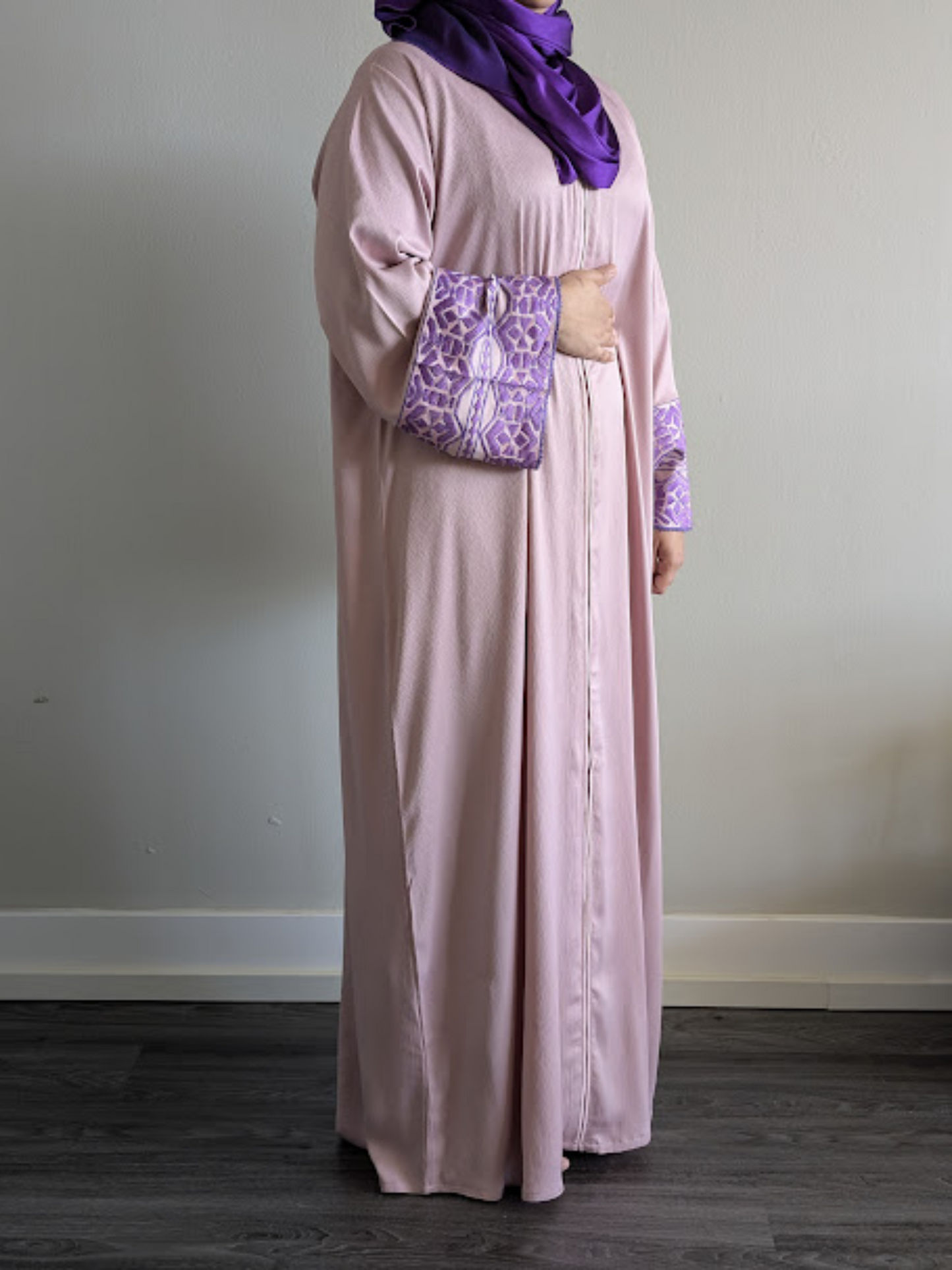 Light Pink Abaya with Embroidery Sleeve