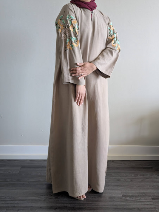 Linen Abaya with Embroidery and Pearl Work on Back and Sleeves