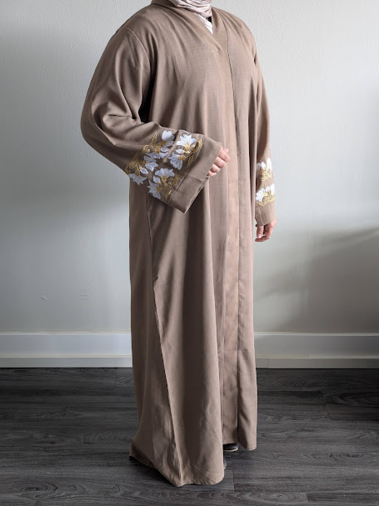 Linen Collar Abaya with Embroidery