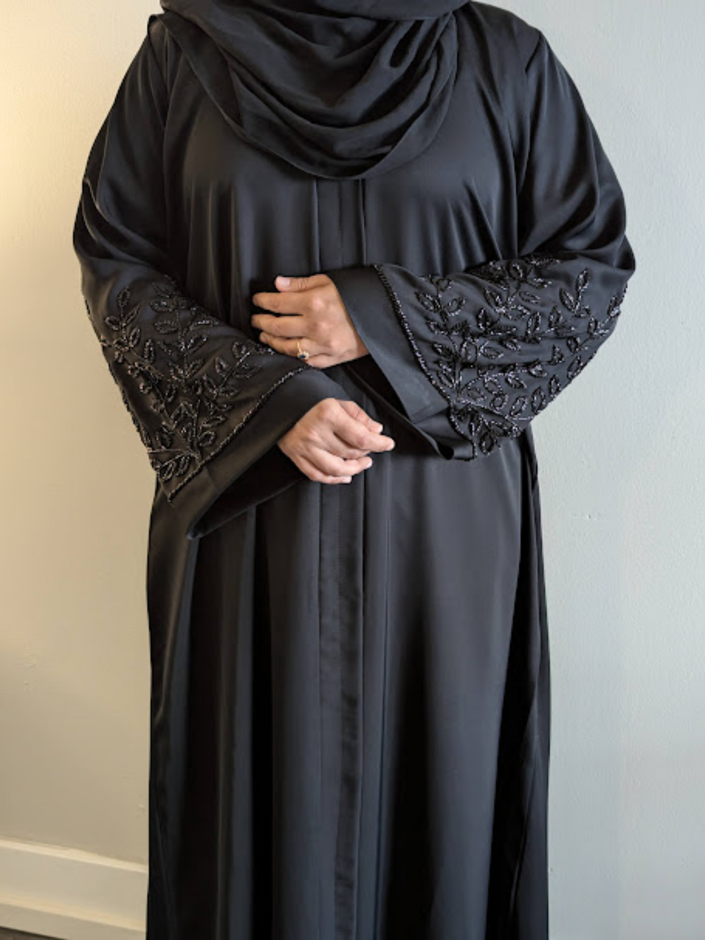 Luxury Black on Black Pearl Leaves Abaya