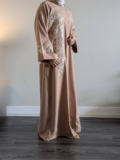 Brown Linen Lace Collar Abaya