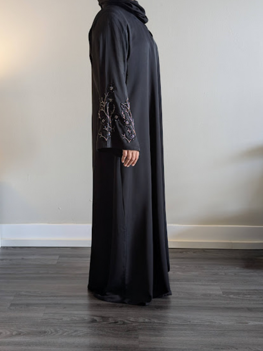 Oxidized Floral Style Bead Work Black Abaya