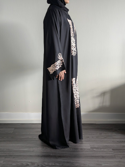 Peach on Black Flat Embroidery Premium Nida Abaya