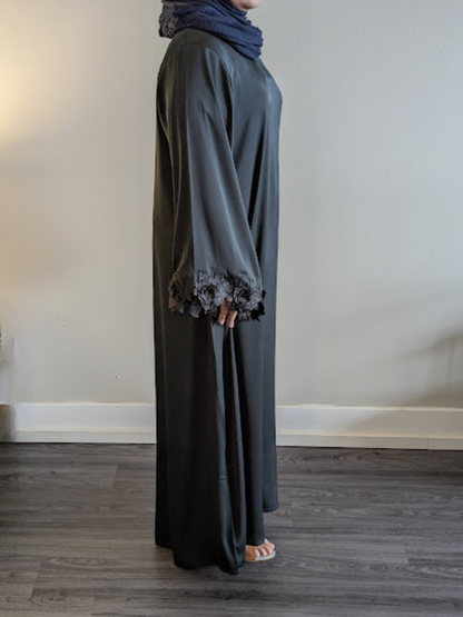 Emerald Green Fabric Abaya with Black Floral Sleeves