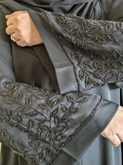 Luxury Black on Black Pearl Leaves Abaya