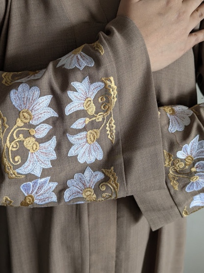 Linen Collar Abaya with Embroidery