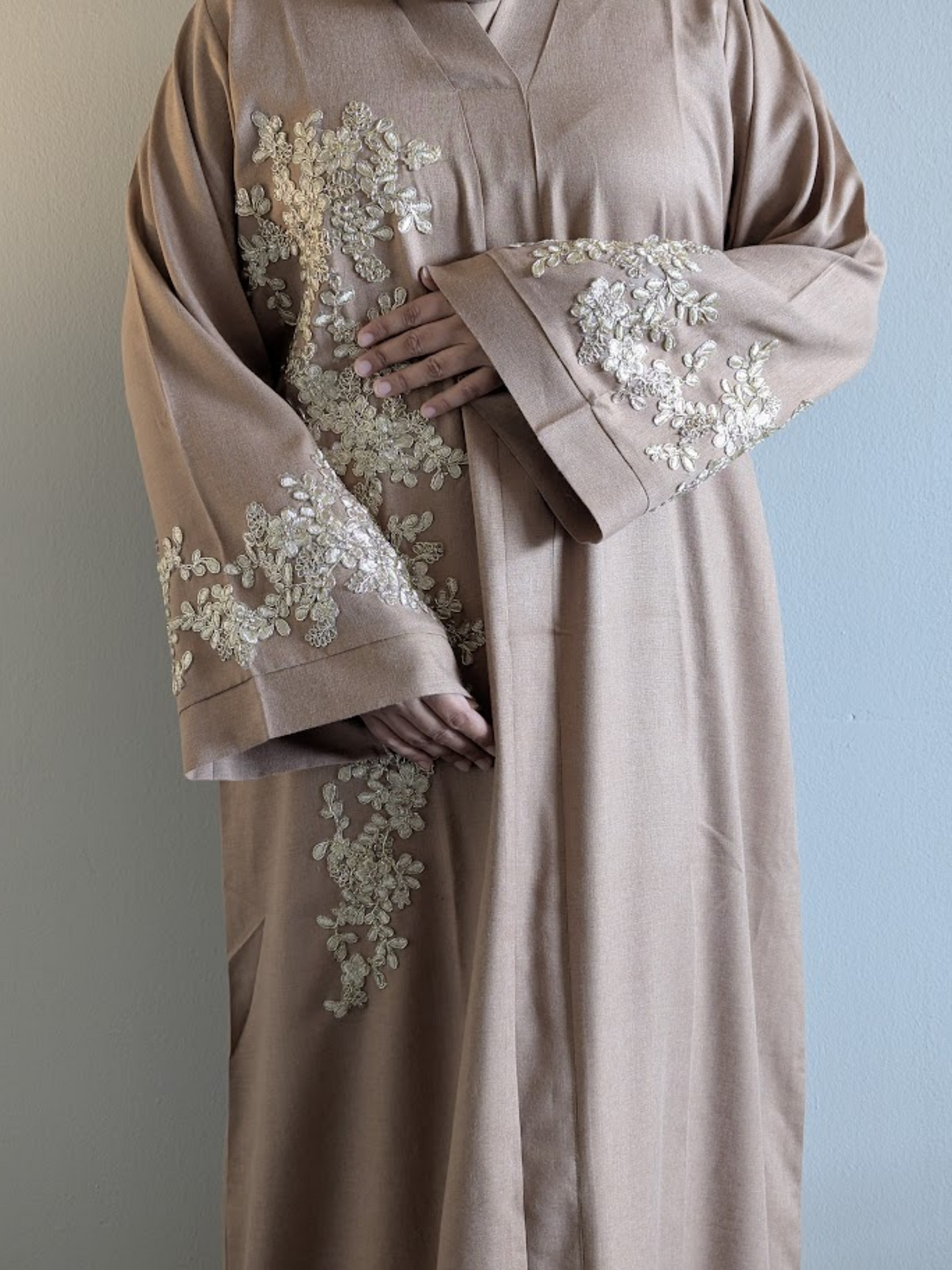 Brown Linen Lace Collar Abaya