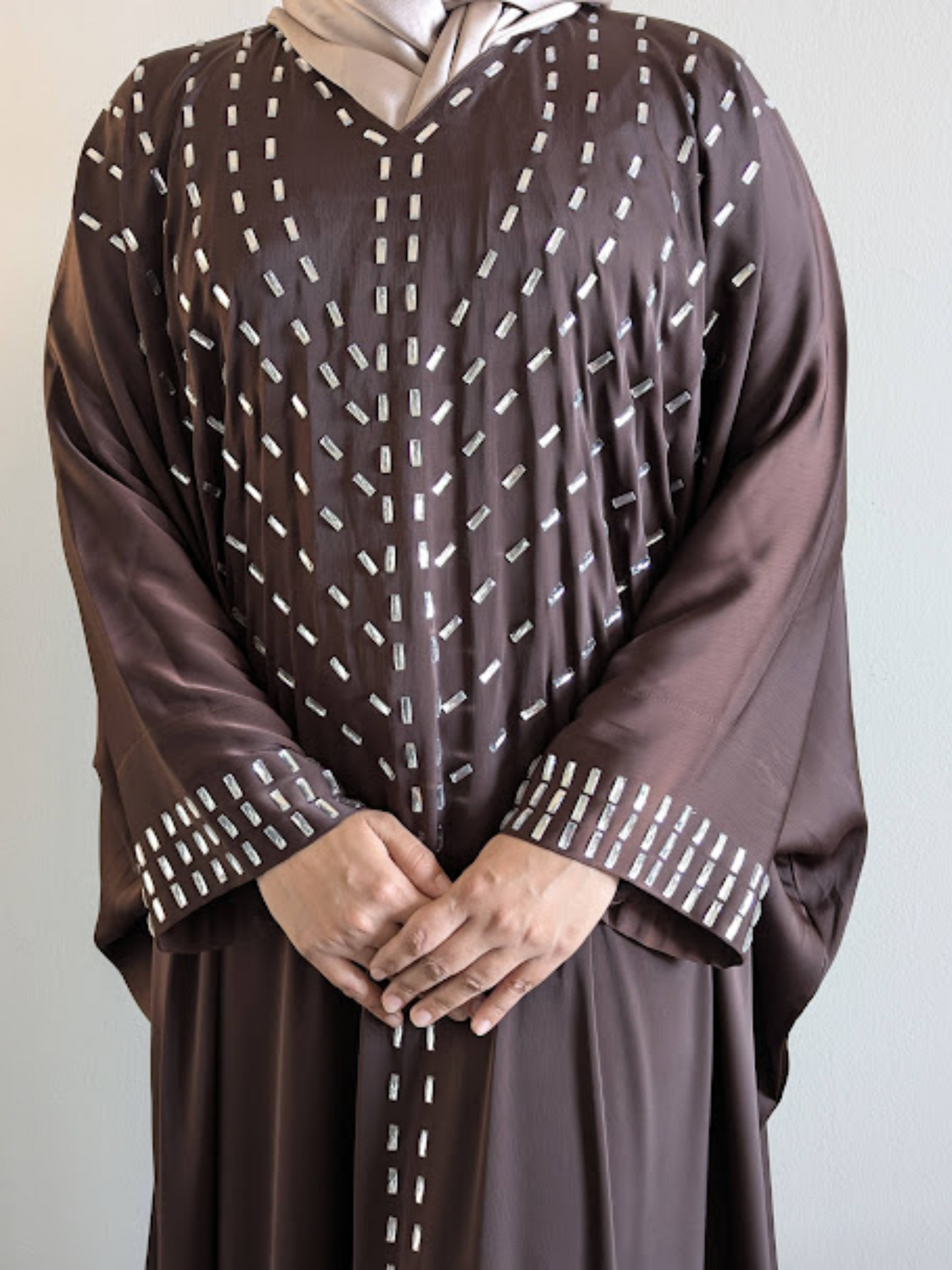 Coffee brown Bat Abaya with White Crystal