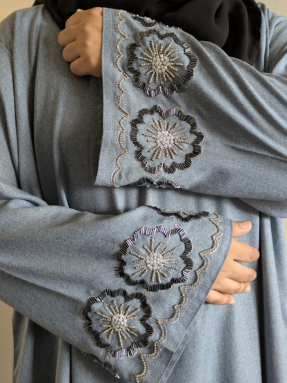 Denim Color Linen Abaya with Pearl Work