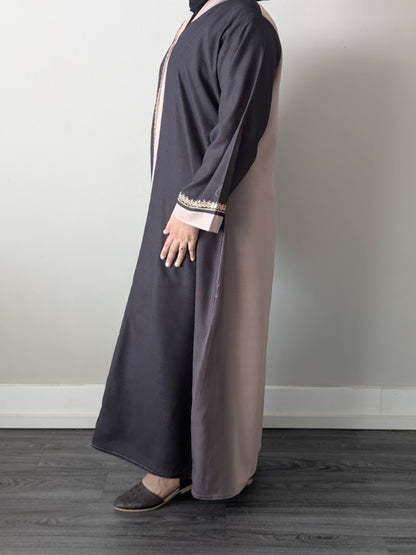 Two Tone Linen Embroidery Collar Abaya