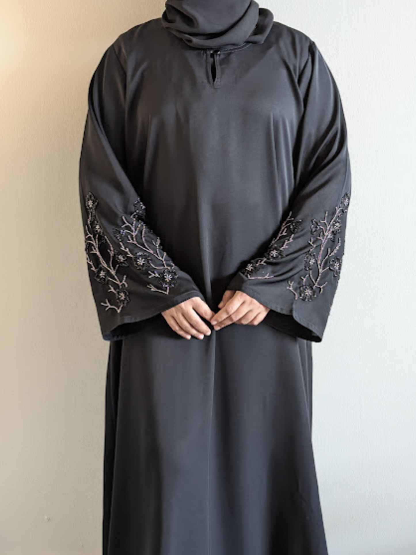 Oxidized Floral Style Bead Work Black Abaya