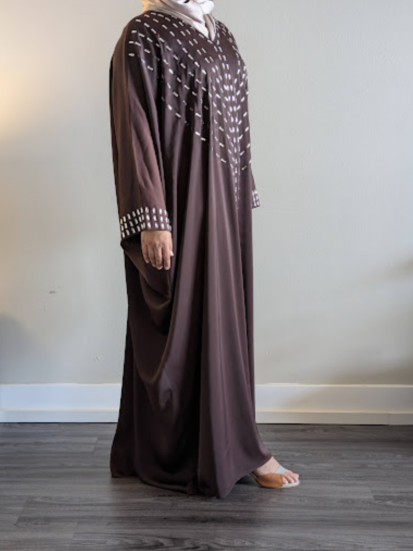 Coffee brown Bat Abaya with White Crystal