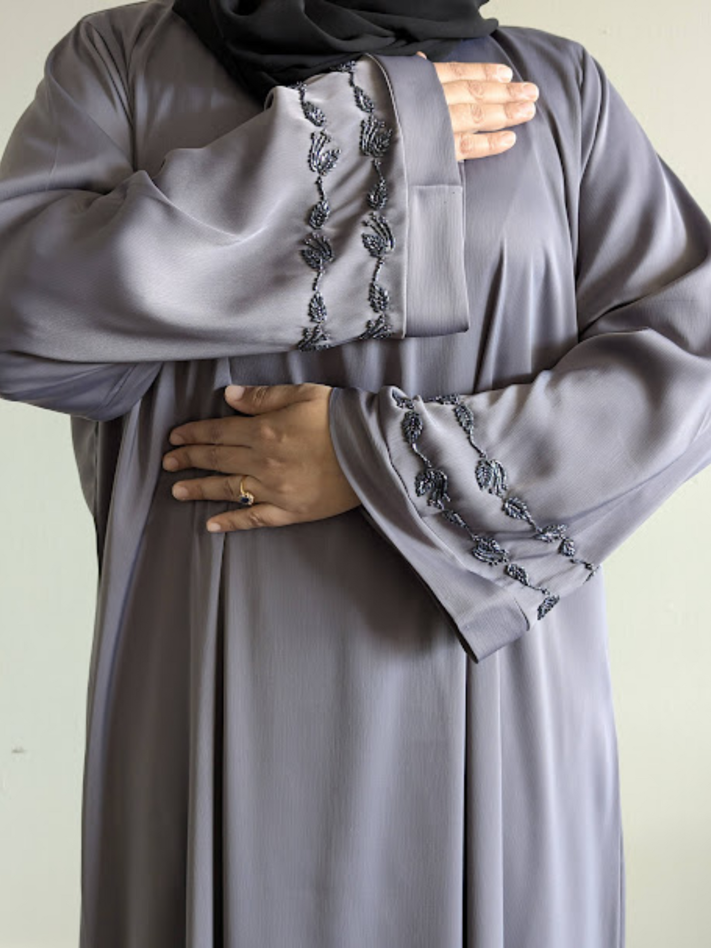 Gray Pearl Work Abaya