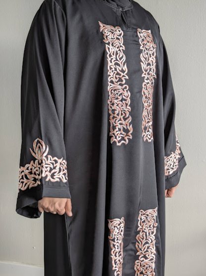 Peach on Black Flat Embroidery Premium Nida Abaya