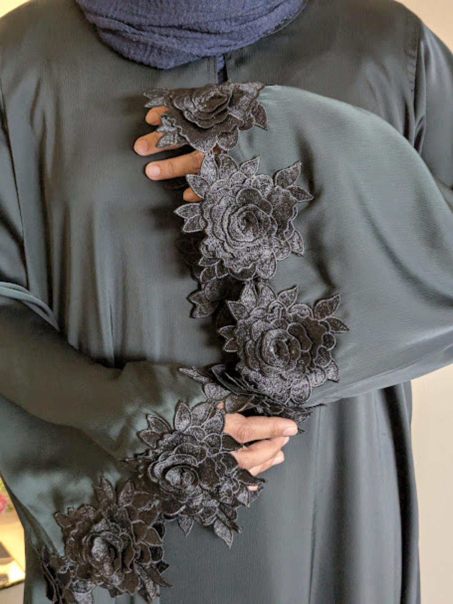 Emerald Green Fabric Abaya with Black Floral Sleeves