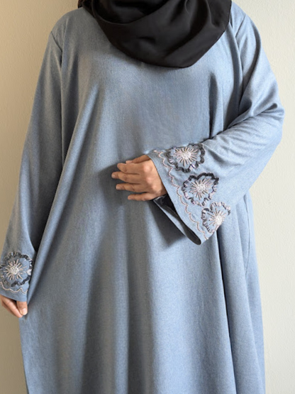 Denim Color Linen Abaya with Pearl Work