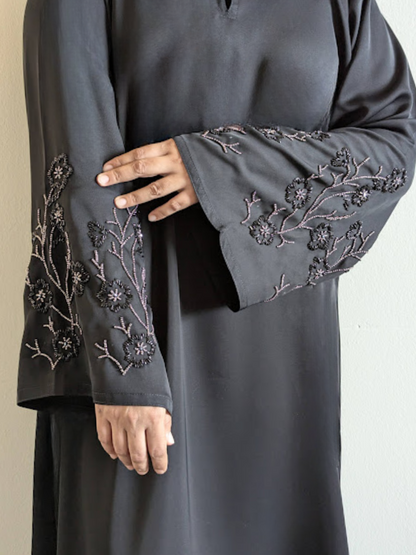 Oxidized Floral Style Bead Work Black Abaya