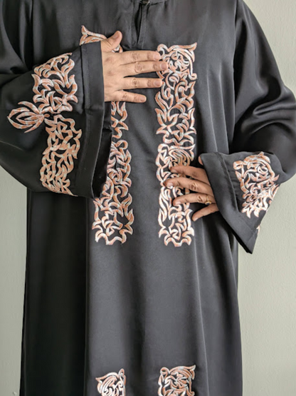 Peach on Black Flat Embroidery Premium Nida Abaya