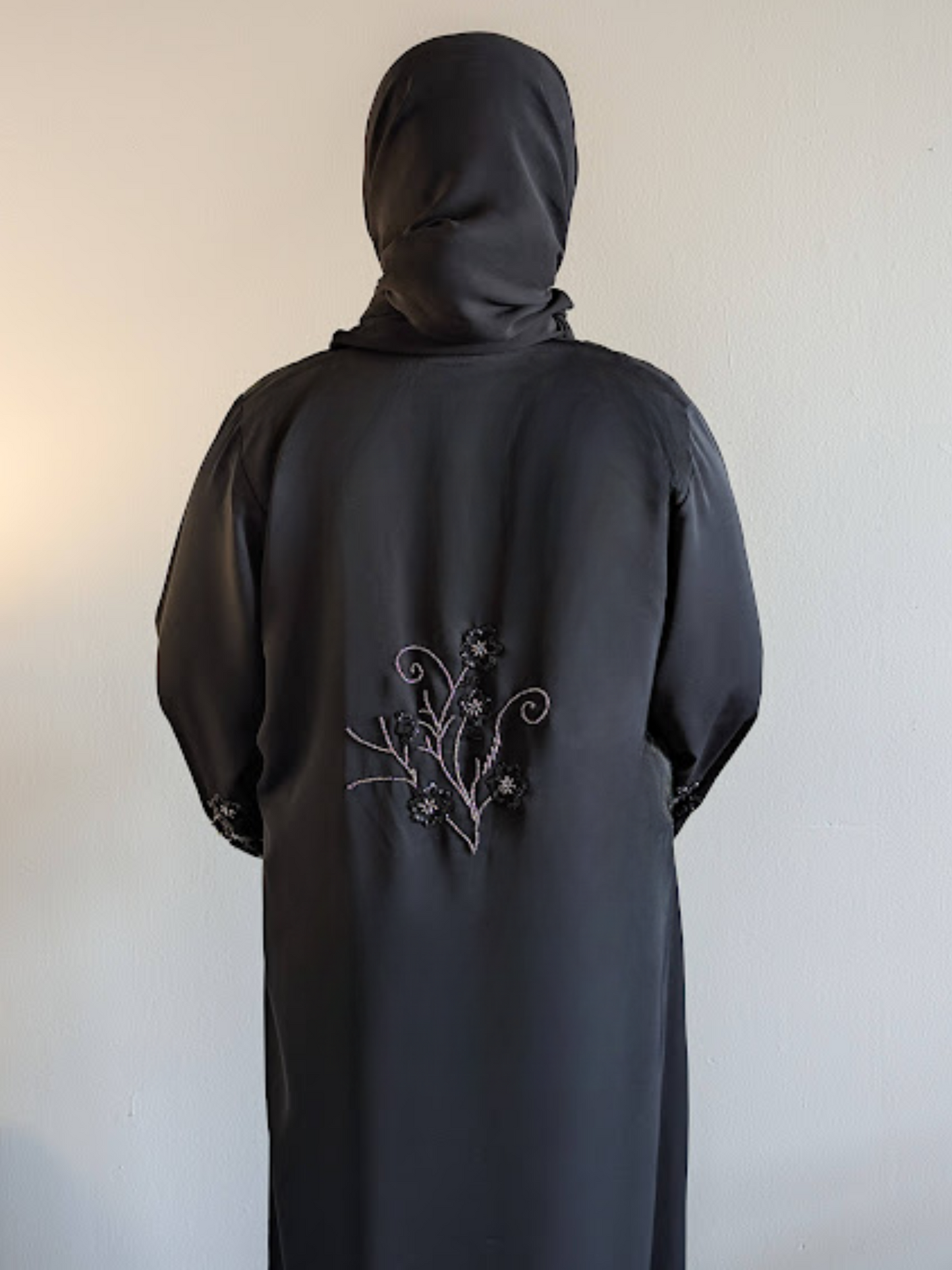 Oxidized Floral Style Bead Work Black Abaya