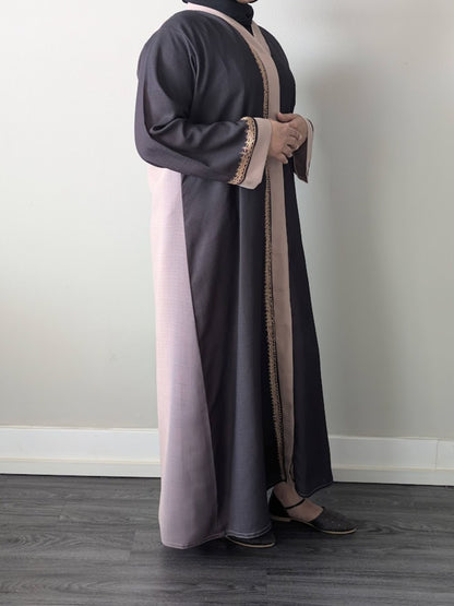 Two Tone Linen Embroidery Collar Abaya