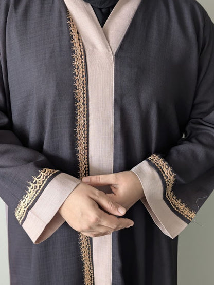 Two Tone Linen Embroidery Collar Abaya