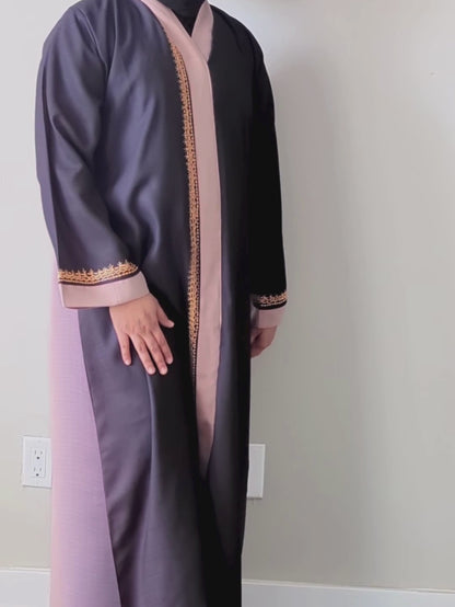 Two Tone Linen Embroidery Collar Abaya